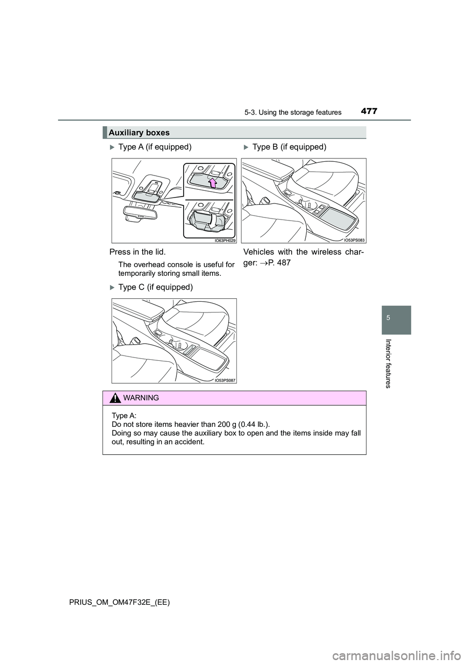 TOYOTA PRIUS 2023  Owners Manual 4775-3. Using the storage features
PRIUS_OM_OM47F32E_(EE)
5
Interior features
Auxiliary boxes
Type A (if equipped)Type B (if equipped) 
Press in the lid.
The overhead console is useful for 
temp