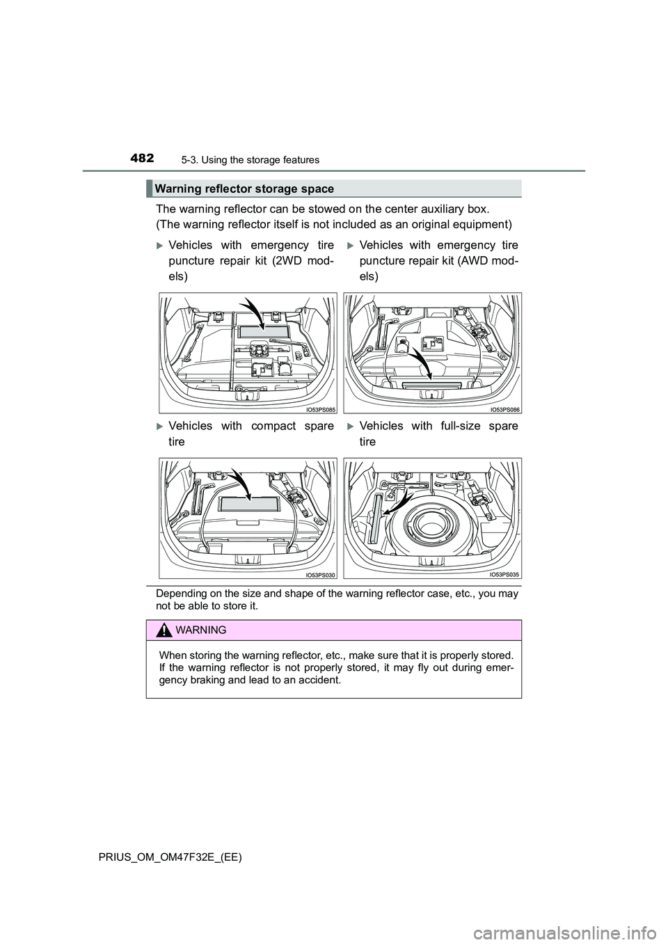 TOYOTA PRIUS 2023  Owners Manual 4825-3. Using the storage features
PRIUS_OM_OM47F32E_(EE)
The warning reflector can be stowed on the center auxiliary box. 
(The warning reflector itself is not included as an original equipment)
Depe