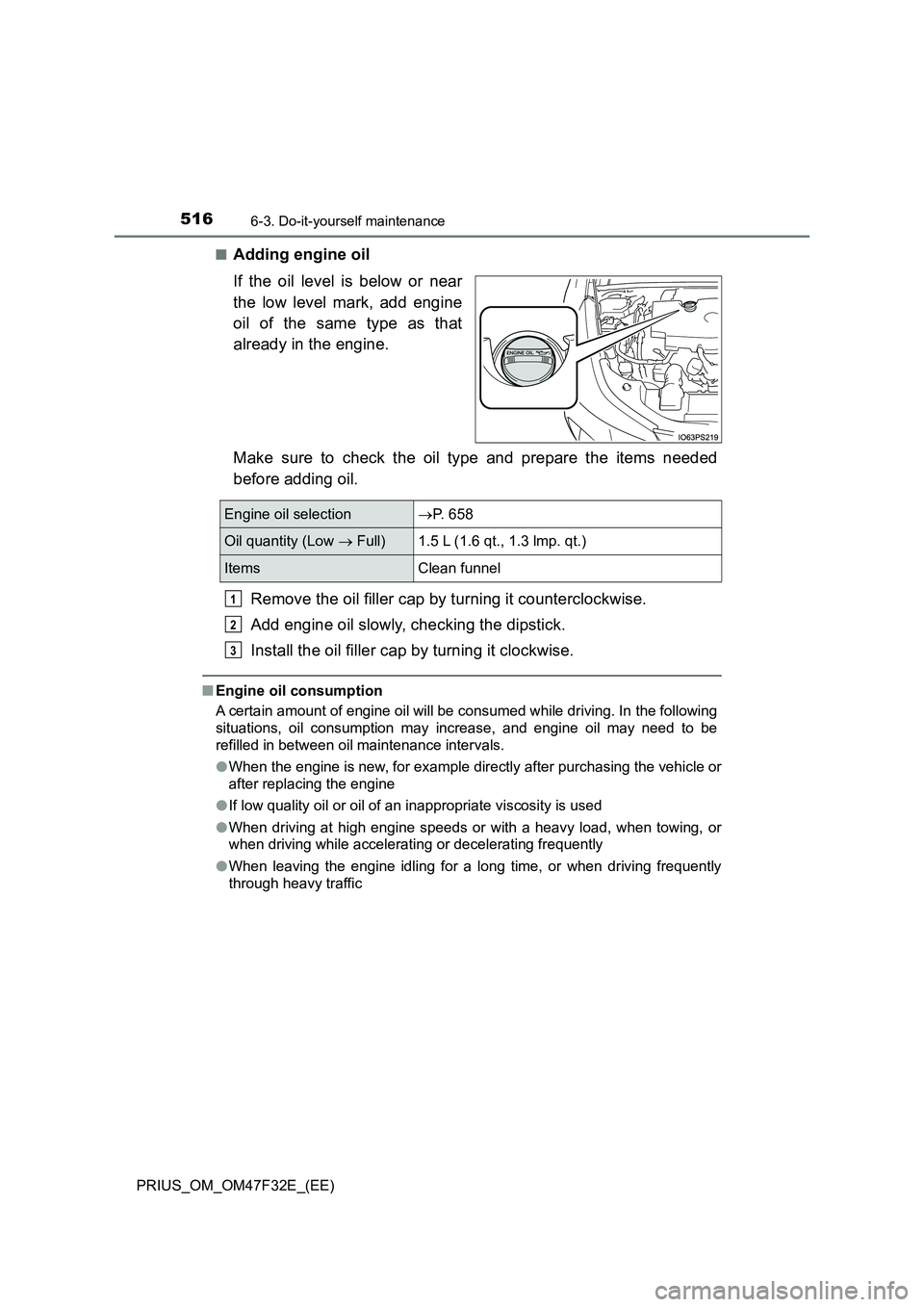 TOYOTA PRIUS 2023 Owners Manual 5166-3. Do-it-yourself maintenance
PRIUS_OM_OM47F32E_(EE)■
Adding engine oil
If the oil level is below or near
the low level mark, add engine
oil of the same type as that
already in the engine.
Make TOYOTA PRIUS 2023 Owners Manual 5166-3. Do-it-yourself maintenance
PRIUS_OM_OM47F32E_(EE)■
Adding engine oil
If the oil level is below or near
the low level mark, add engine
oil of the same type as that
already in the engine.
Make