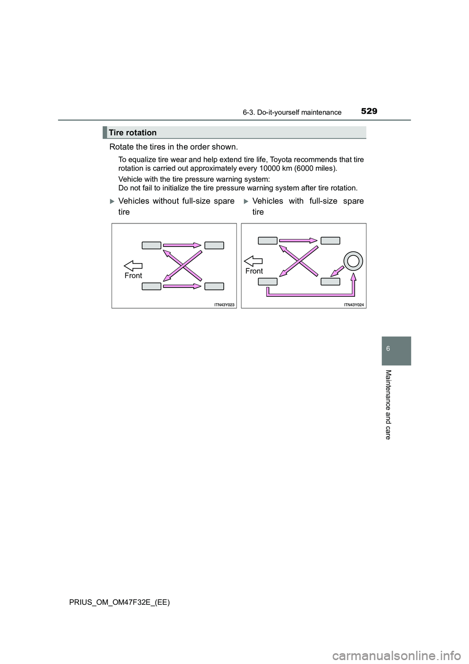 TOYOTA PRIUS 2023 Owners Manual 5296-3. Do-it-yourself maintenance
PRIUS_OM_OM47F32E_(EE)
6
Maintenance and care
Rotate the tires in the order shown.
To equalize tire wear and help extend tire life, Toyota recommends that tire
rotat TOYOTA PRIUS 2023 Owners Manual 5296-3. Do-it-yourself maintenance
PRIUS_OM_OM47F32E_(EE)
6
Maintenance and care
Rotate the tires in the order shown.
To equalize tire wear and help extend tire life, Toyota recommends that tire
rotat