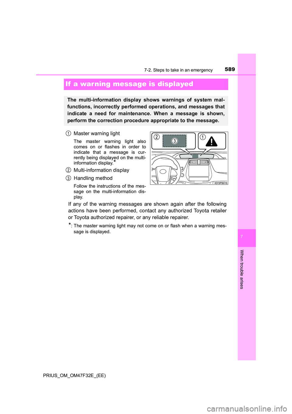 TOYOTA PRIUS 2023 Owners Manual 5897-2. Steps to take in an emergency
PRIUS_OM_OM47F32E_(EE)
7
When trouble arises
If a war ning message is displayed
Master warning light
The master warning light also
comes on or flashes in order TOYOTA PRIUS 2023 Owners Manual 5897-2. Steps to take in an emergency
PRIUS_OM_OM47F32E_(EE)
7
When trouble arises
If a war ning message is displayed
Master warning light
The master warning light also
comes on or flashes in order