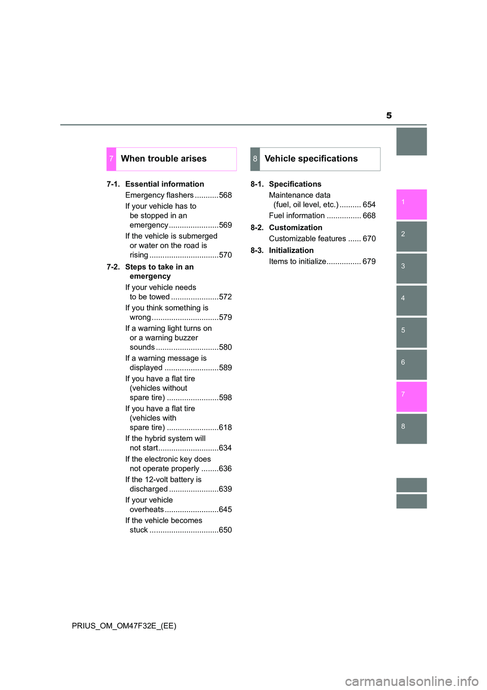 TOYOTA PRIUS 2023  Owners Manual 5
1 
8 
7
6
5
4
3
2
PRIUS_OM_OM47F32E_(EE) 
7-1. Essential information 
Emergency flashers ...........568 
If your vehicle has to  
be stopped in an 
emergency .......................569 
If the vehic