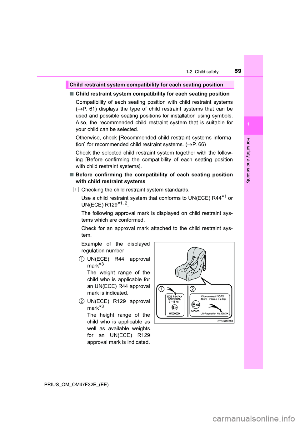 TOYOTA PRIUS 2023 Repair Manual 591-2. Child safety
1
PRIUS_OM_OM47F32E_(EE)
For safety and security
■Child restraint system compatibility for each seating position
Compatibility of each seating position with child restraint syst TOYOTA PRIUS 2023 Repair Manual 591-2. Child safety
1
PRIUS_OM_OM47F32E_(EE)
For safety and security
■Child restraint system compatibility for each seating position
Compatibility of each seating position with child restraint syst