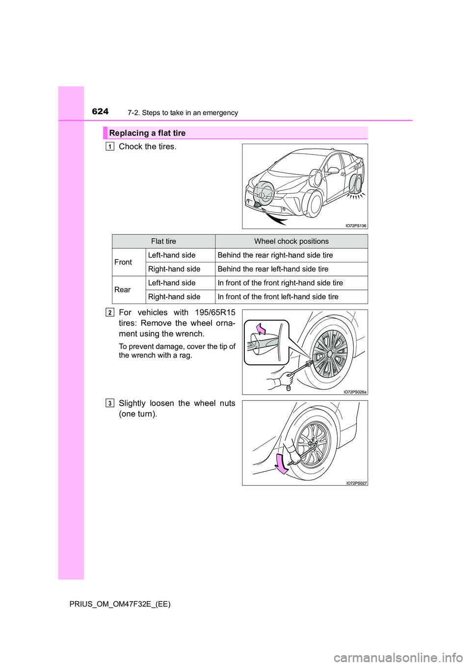 TOYOTA PRIUS 2023  Owners Manual 6247-2. Steps to take in an emergency
PRIUS_OM_OM47F32E_(EE)
Chock the tires. 
For vehicles with 195/65R15 
tires: Remove the wheel orna- 
ment using the wrench.
To prevent damage, cover the tip of 
t
