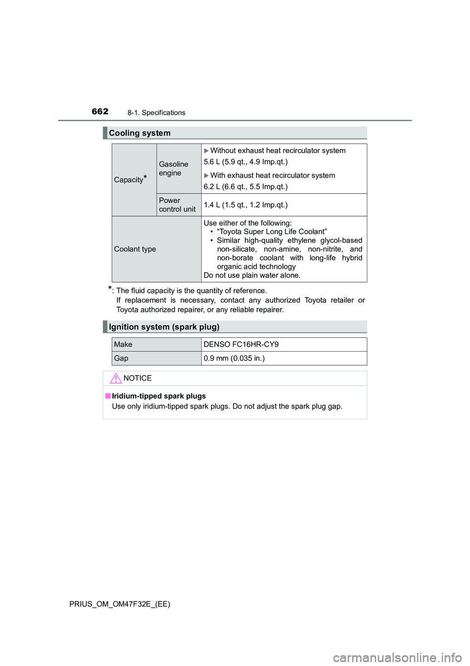 TOYOTA PRIUS 2023 Owners Manual 6628-1. Specifications
PRIUS_OM_OM47F32E_(EE)
*: The fluid capacity is the quantity of reference.
If replacement is necessary, contact any authorized Toyota retailer or
Toyota authorized repairer, or TOYOTA PRIUS 2023 Owners Manual 6628-1. Specifications
PRIUS_OM_OM47F32E_(EE)
*: The fluid capacity is the quantity of reference.
If replacement is necessary, contact any authorized Toyota retailer or
Toyota authorized repairer, or