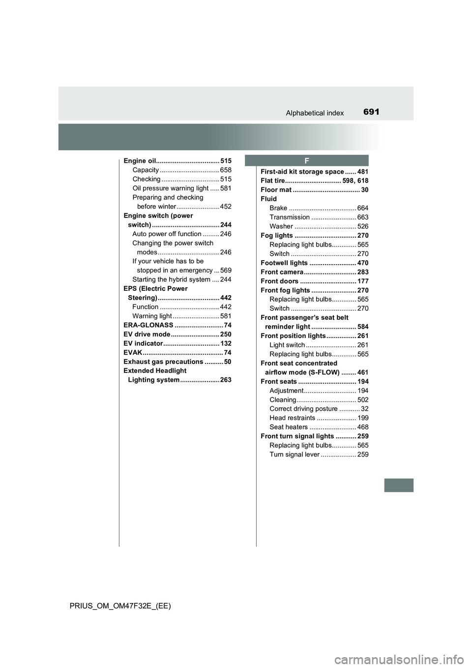 TOYOTA PRIUS 2023 Owners Manual 691Alphabetical index
PRIUS_OM_OM47F32E_(EE)
Engine oil.................................. 515
Capacity ................................ 658
Checking ............................... 515
Oil pressure wa TOYOTA PRIUS 2023 Owners Manual 691Alphabetical index
PRIUS_OM_OM47F32E_(EE)
Engine oil.................................. 515
Capacity ................................ 658
Checking ............................... 515
Oil pressure wa