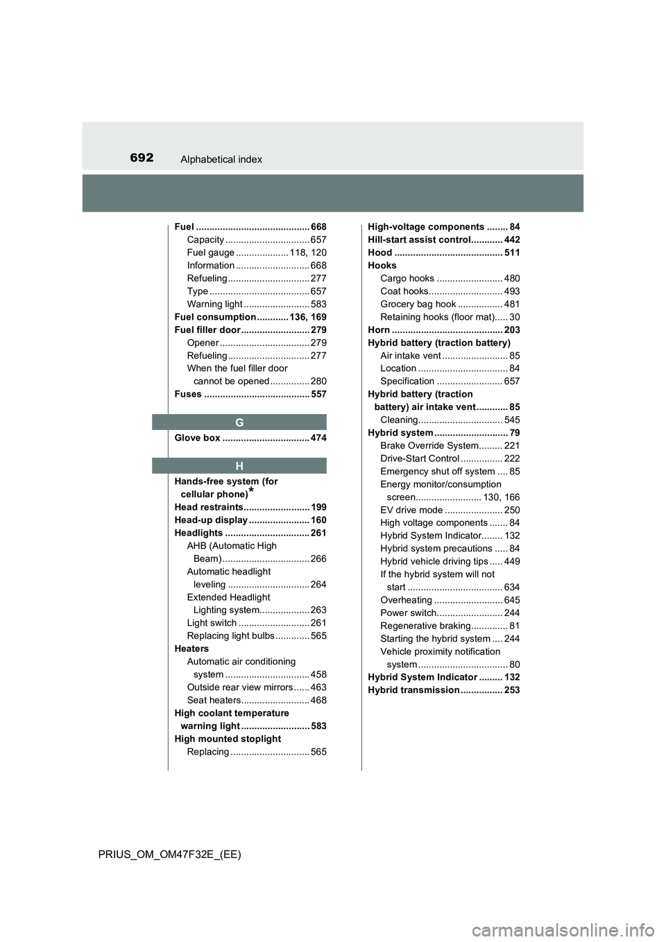 TOYOTA PRIUS 2023 Owners Guide 692Alphabetical index
PRIUS_OM_OM47F32E_(EE)
Fuel ........................................... 668
Capacity ................................ 657
Fuel gauge .................... 118, 120
Information ... TOYOTA PRIUS 2023 Owners Guide 692Alphabetical index
PRIUS_OM_OM47F32E_(EE)
Fuel ........................................... 668
Capacity ................................ 657
Fuel gauge .................... 118, 120
Information ...
