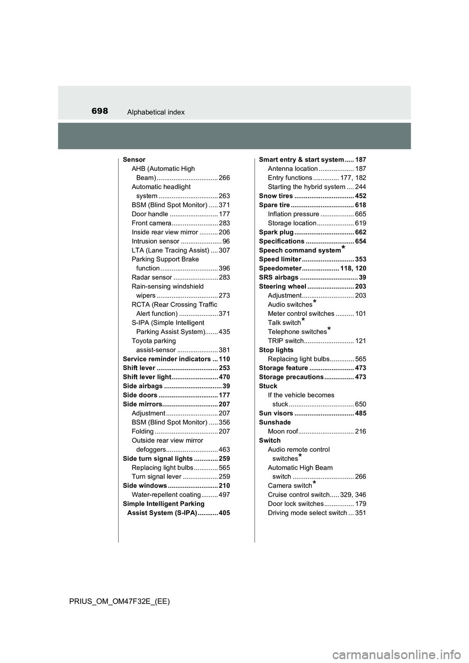 TOYOTA PRIUS 2023  Owners Manual 698Alphabetical index
PRIUS_OM_OM47F32E_(EE)
Sensor
AHB (Automatic High 
Beam) ................................. 266
Automatic headlight 
system ................................ 263
BSM (Blind Spot Mo