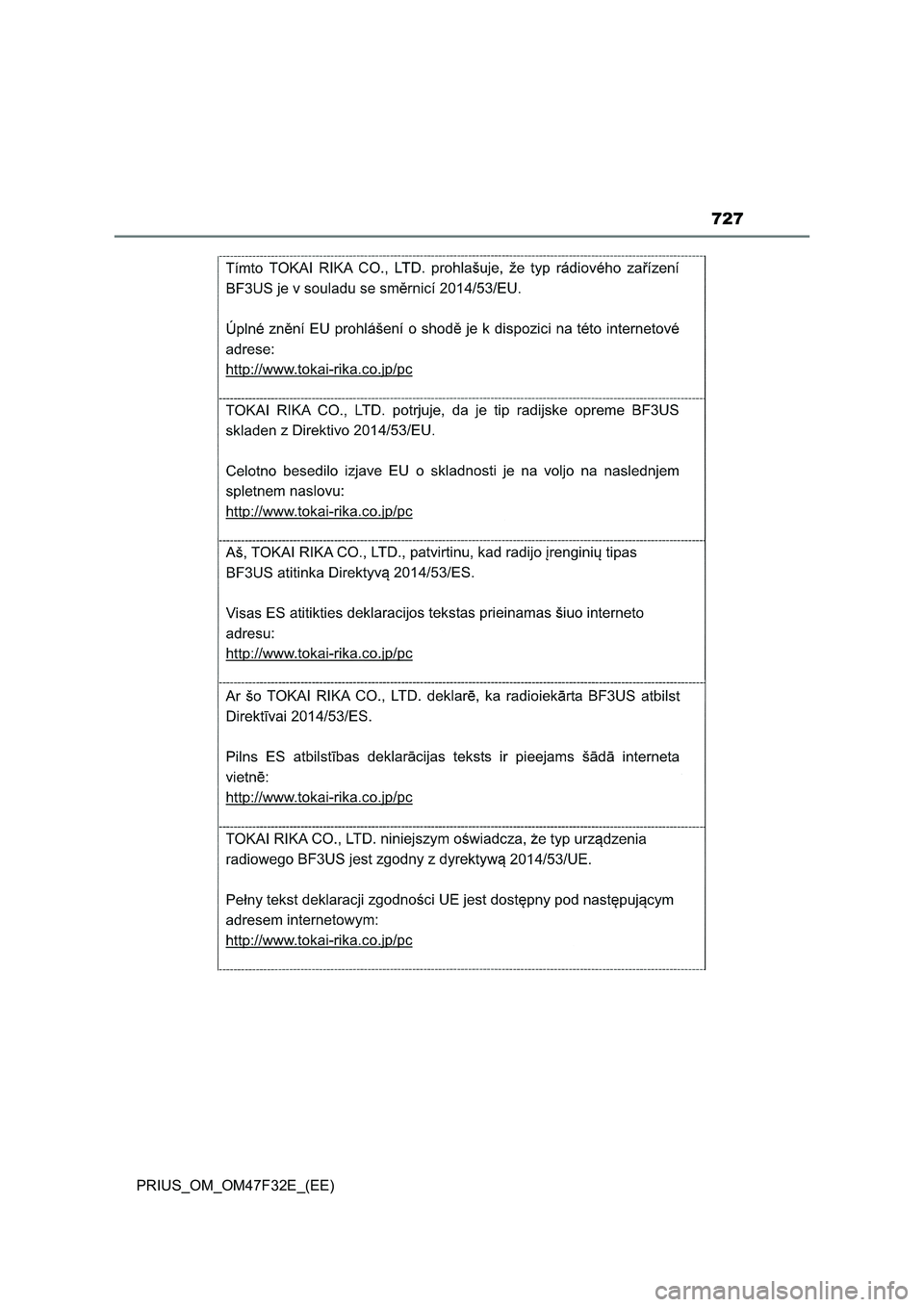 TOYOTA PRIUS 2023  Owners Manual 727
PRIUS_OM_OM47F32E_(EE) 