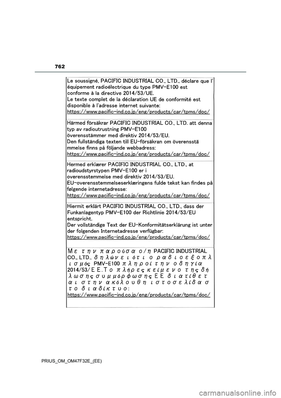 TOYOTA PRIUS 2023  Owners Manual 762
PRIUS_OM_OM47F32E_(EE) 