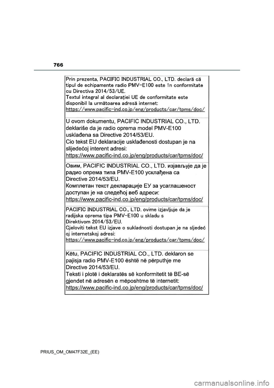 TOYOTA PRIUS 2023  Owners Manual 766
PRIUS_OM_OM47F32E_(EE) 