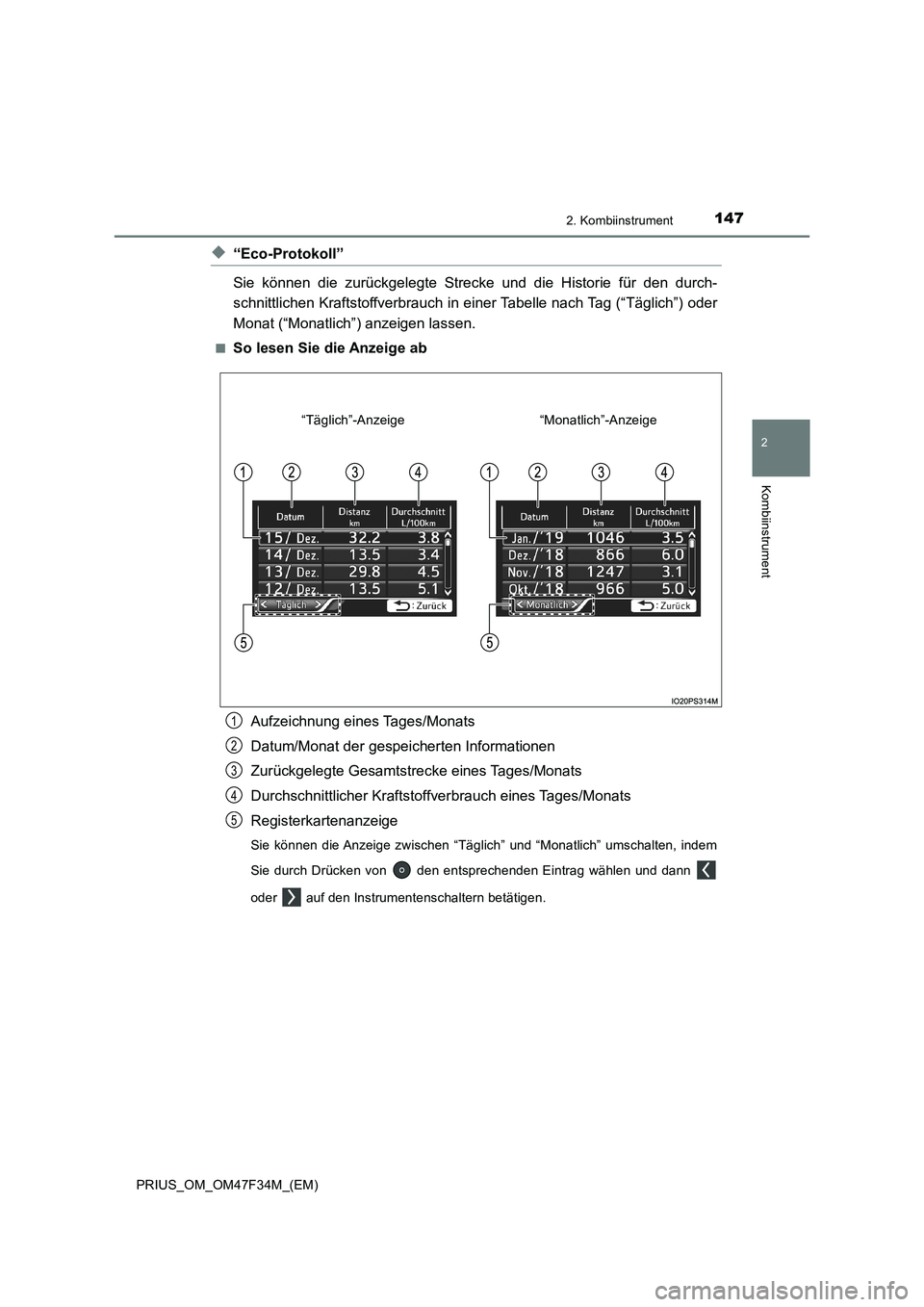 TOYOTA PRIUS 2023 Betriebsanleitungen (in German) 1472. Kombiinstrument
2
Kombiinstrument
PRIUS_OM_OM47F34M_(EM)
◆“Eco-Protokoll”
Sie können die zurückgelegte Strecke und die Historie für den durch-
schnittlichen Kraftstoffverbrauch in einer TOYOTA PRIUS 2023 Betriebsanleitungen (in German) 1472. Kombiinstrument
2
Kombiinstrument
PRIUS_OM_OM47F34M_(EM)
◆“Eco-Protokoll”
Sie können die zurückgelegte Strecke und die Historie für den durch-
schnittlichen Kraftstoffverbrauch in einer