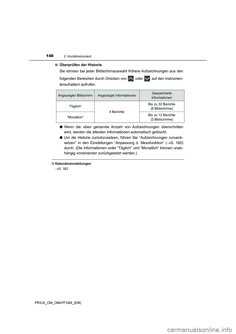 TOYOTA PRIUS 2023 Betriebsanleitungen (in German) 1482. Kombiinstrument
PRIUS_OM_OM47F34M_(EM)■
Überprüfen der Historie
Sie können bei jeder Bildschirmauswahl frühere Aufzeichnungen aus den
folgenden Bereichen durch Drücken von oder auf de TOYOTA PRIUS 2023 Betriebsanleitungen (in German) 1482. Kombiinstrument
PRIUS_OM_OM47F34M_(EM)■
Überprüfen der Historie
Sie können bei jeder Bildschirmauswahl frühere Aufzeichnungen aus den
folgenden Bereichen durch Drücken von oder auf de