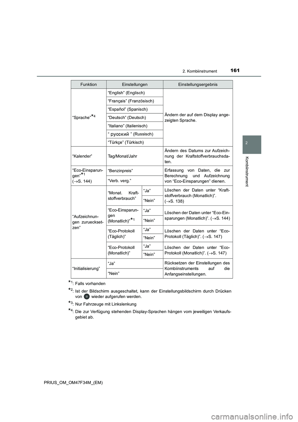 TOYOTA PRIUS 2023 Betriebsanleitungen (in German) 1612. Kombiinstrument
2
Kombiinstrument
PRIUS_OM_OM47F34M_(EM)
*1: Falls vorhanden
*2: Ist der Bildschirm ausgeschaltet, kann der Einstellungsbildschirm durch Drücken
von wieder aufgerufen werden.
TOYOTA PRIUS 2023 Betriebsanleitungen (in German) 1612. Kombiinstrument
2
Kombiinstrument
PRIUS_OM_OM47F34M_(EM)
*1: Falls vorhanden
*2: Ist der Bildschirm ausgeschaltet, kann der Einstellungsbildschirm durch Drücken
von wieder aufgerufen werden.