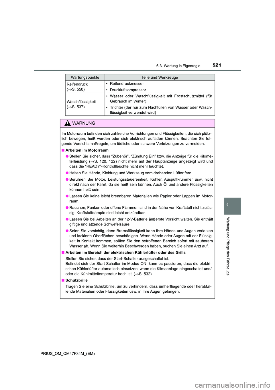 TOYOTA PRIUS 2023  Betriebsanleitungen (in German) 5216-3. Wartung in Eigenregie
PRIUS_OM_OM47F34M_(EM)
6
Wartung und Pflege des Fahrzeugs
Reifendruck  
( S. 550)
• Reifendruckmesser
• Druckluftkompressor
Waschflüssigkeit  
( S. 537)
• Wa
