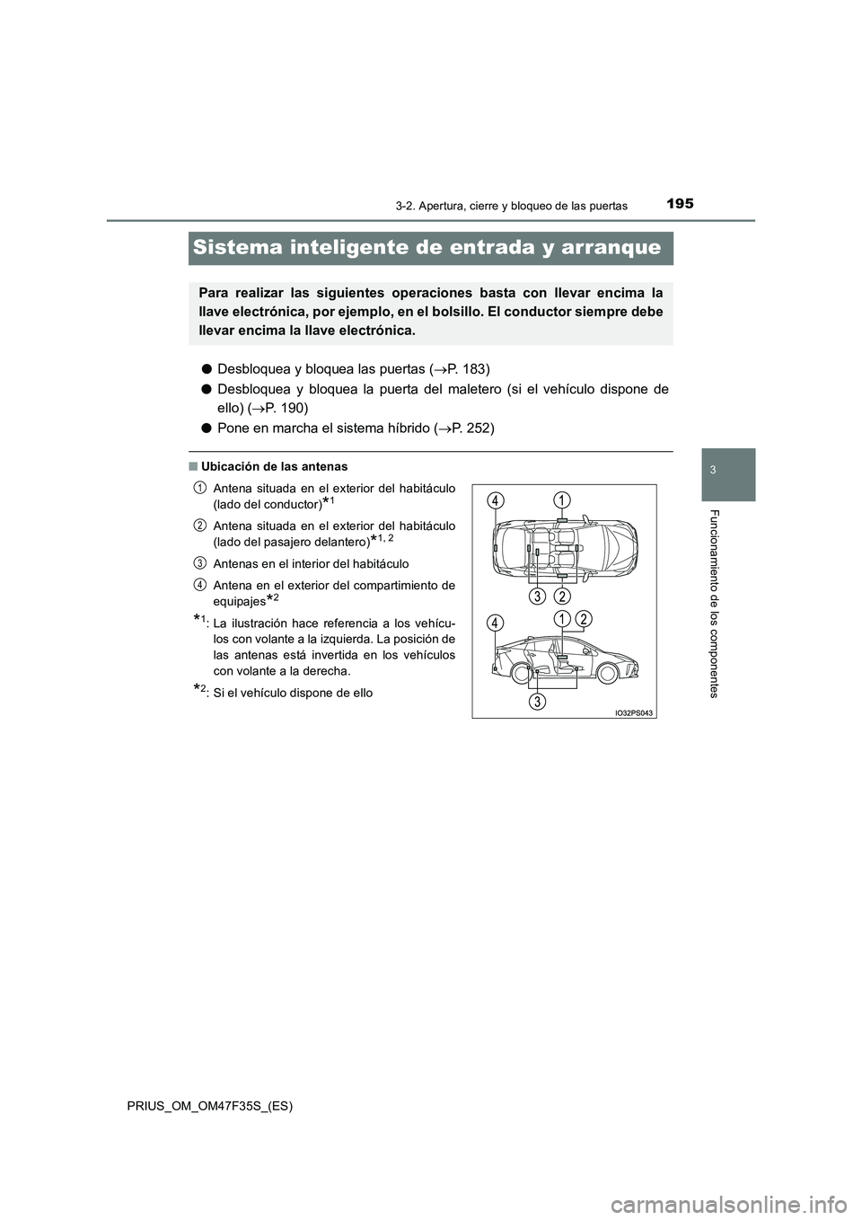 TOYOTA PRIUS 2023 Manual del propietario (in Spanish) 195
3
3-2. Apertura, cierre y bloqueo de las puertas
Funcionamiento de los componentes
PRIUS_OM_OM47F35S_(ES)
Sistema inteligente de entrada y arranque
●Desbloquea y bloquea las puertas (P. 183) TOYOTA PRIUS 2023 Manual del propietario (in Spanish) 195
3
3-2. Apertura, cierre y bloqueo de las puertas
Funcionamiento de los componentes
PRIUS_OM_OM47F35S_(ES)
Sistema inteligente de entrada y arranque
●Desbloquea y bloquea las puertas (P. 183)