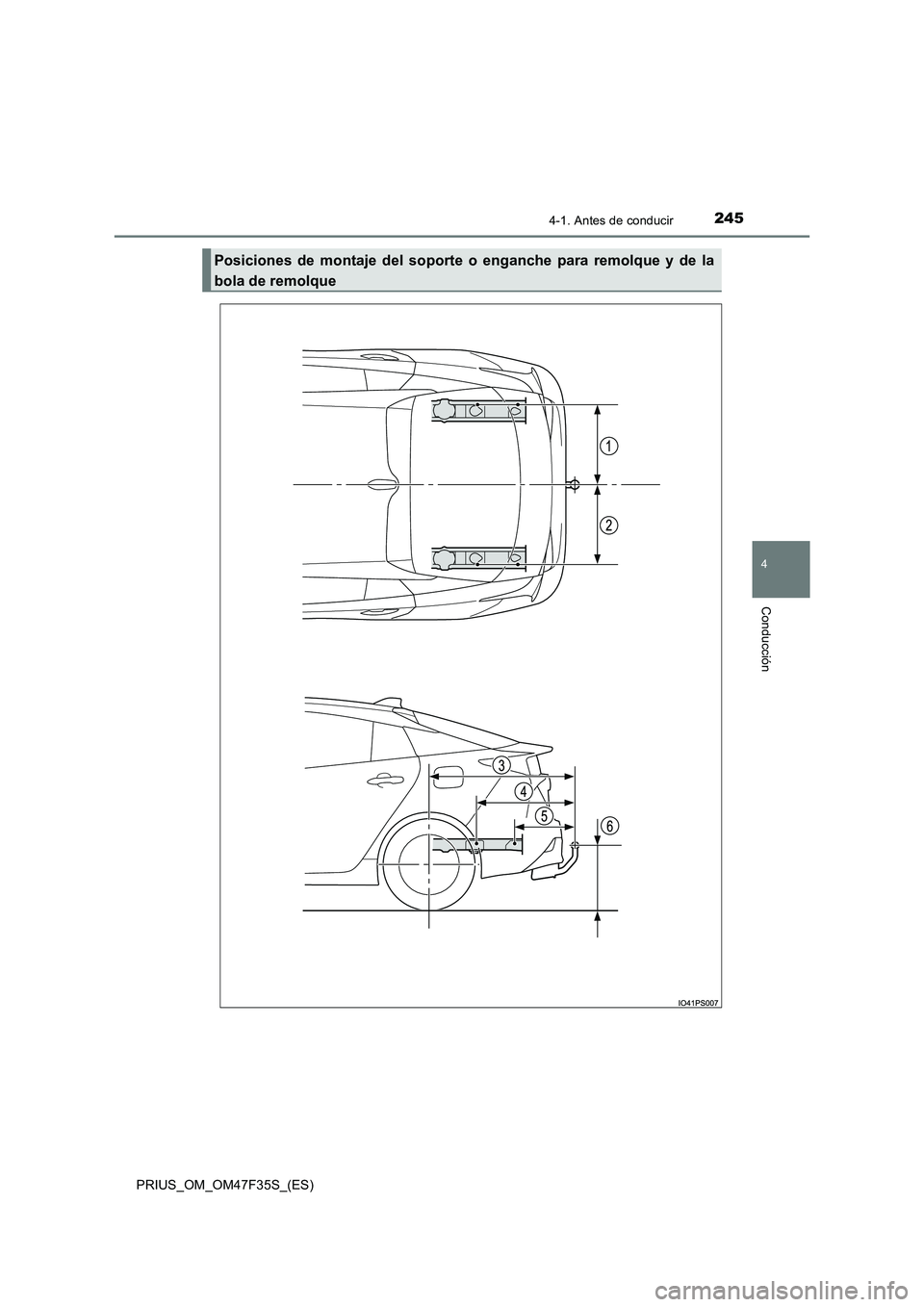 TOYOTA PRIUS 2023 Manual del propietario (in Spanish) 2454-1. Antes de conducir
4
Conducción
PRIUS_OM_OM47F35S_(ES)
Posiciones de montaje del soporte o enganche para remolque y de la
bola de remolque TOYOTA PRIUS 2023 Manual del propietario (in Spanish) 2454-1. Antes de conducir
4
Conducción
PRIUS_OM_OM47F35S_(ES)
Posiciones de montaje del soporte o enganche para remolque y de la
bola de remolque