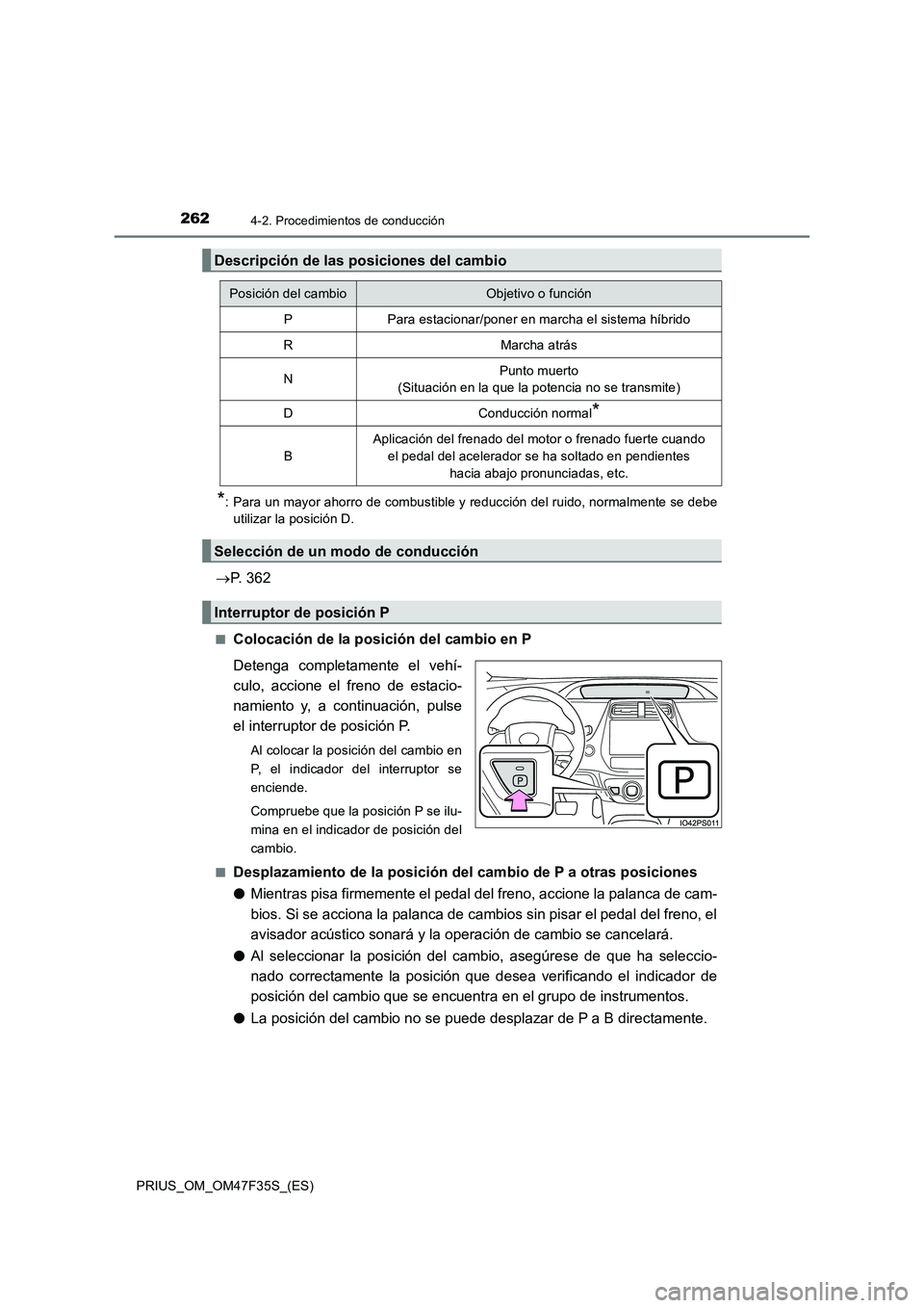 TOYOTA PRIUS 2023 Manual del propietario (in Spanish) 2624-2. Procedimientos de conducción
PRIUS_OM_OM47F35S_(ES)
*: Para un mayor ahorro de combustible y reducción del ruido, normalmente se debe
utilizar la posición D.
P. 362
■Colocación de la TOYOTA PRIUS 2023 Manual del propietario (in Spanish) 2624-2. Procedimientos de conducción
PRIUS_OM_OM47F35S_(ES)
*: Para un mayor ahorro de combustible y reducción del ruido, normalmente se debe
utilizar la posición D.
P. 362
■Colocación de la