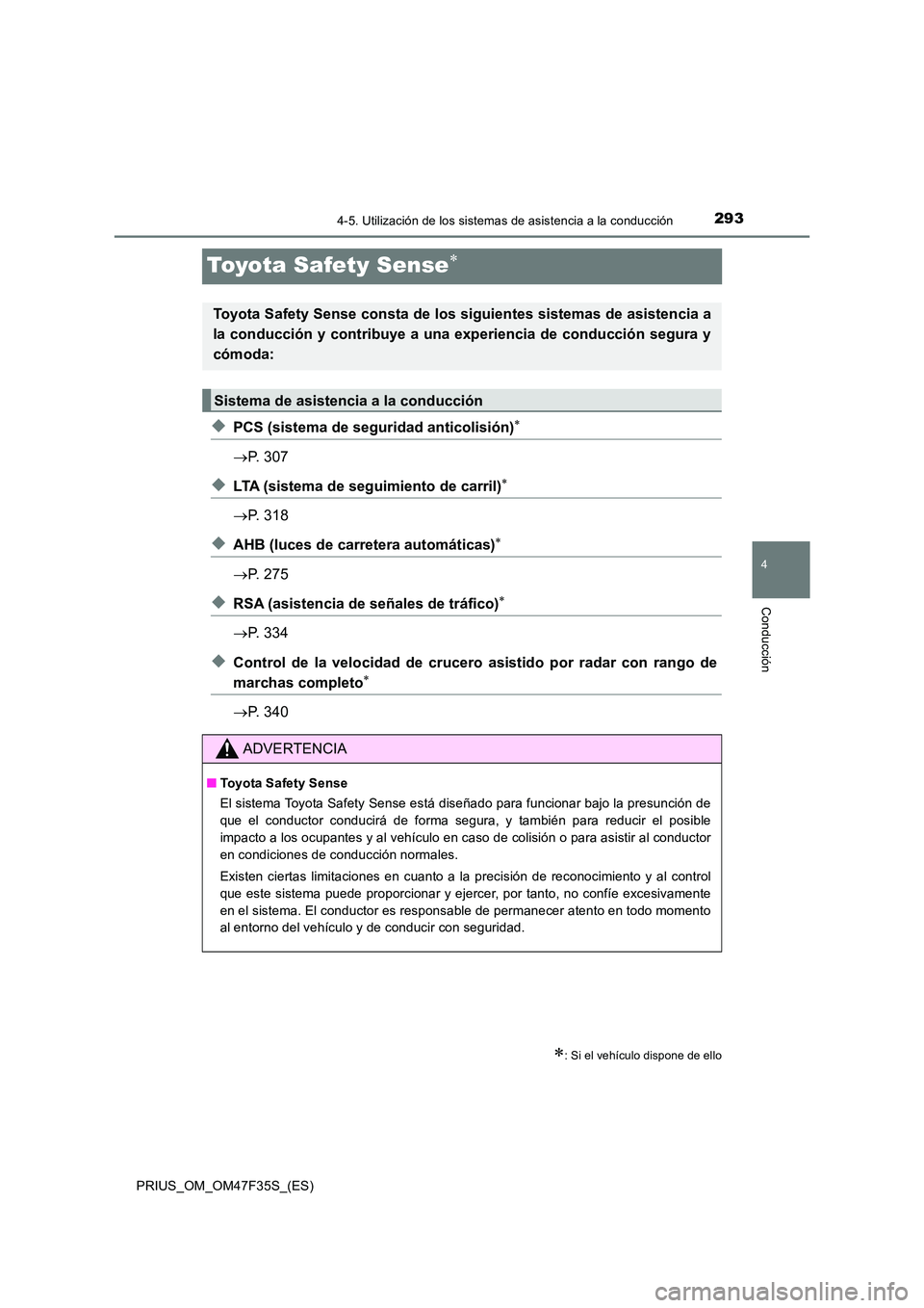 TOYOTA PRIUS 2023  Manual del propietario (in Spanish) 293
4
4-5. Utilización de los sistemas de asistencia a la conducción
Conducción
PRIUS_OM_OM47F35S_(ES)
Toyota Safety Sense
◆PCS (sistema de seguridad anticolisión)
P. 307
◆LTA (sistem