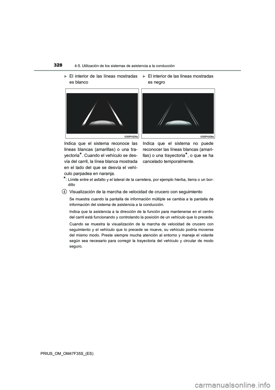 TOYOTA PRIUS 2023  Manual del propietario (in Spanish) 3284-5. Utilización de los sistemas de asistencia a la conducción
PRIUS_OM_OM47F35S_(ES)
*: Límite entre el asfalto y el lateral de la carretera, por ejemplo hierba, tierra o un bor-
dillo
Visualiz