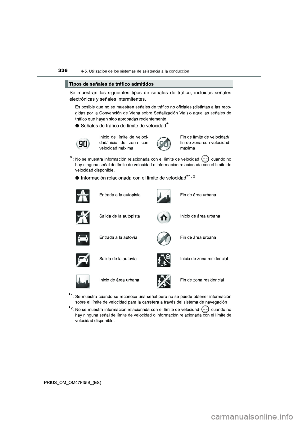 TOYOTA PRIUS 2023 Manual del propietario (in Spanish) 3364-5. Utilización de los sistemas de asistencia a la conducción
PRIUS_OM_OM47F35S_(ES)
Se muestran los siguientes tipos de señales de tráfico, incluidas señales
electrónicas y señales intermi TOYOTA PRIUS 2023 Manual del propietario (in Spanish) 3364-5. Utilización de los sistemas de asistencia a la conducción
PRIUS_OM_OM47F35S_(ES)
Se muestran los siguientes tipos de señales de tráfico, incluidas señales
electrónicas y señales intermi