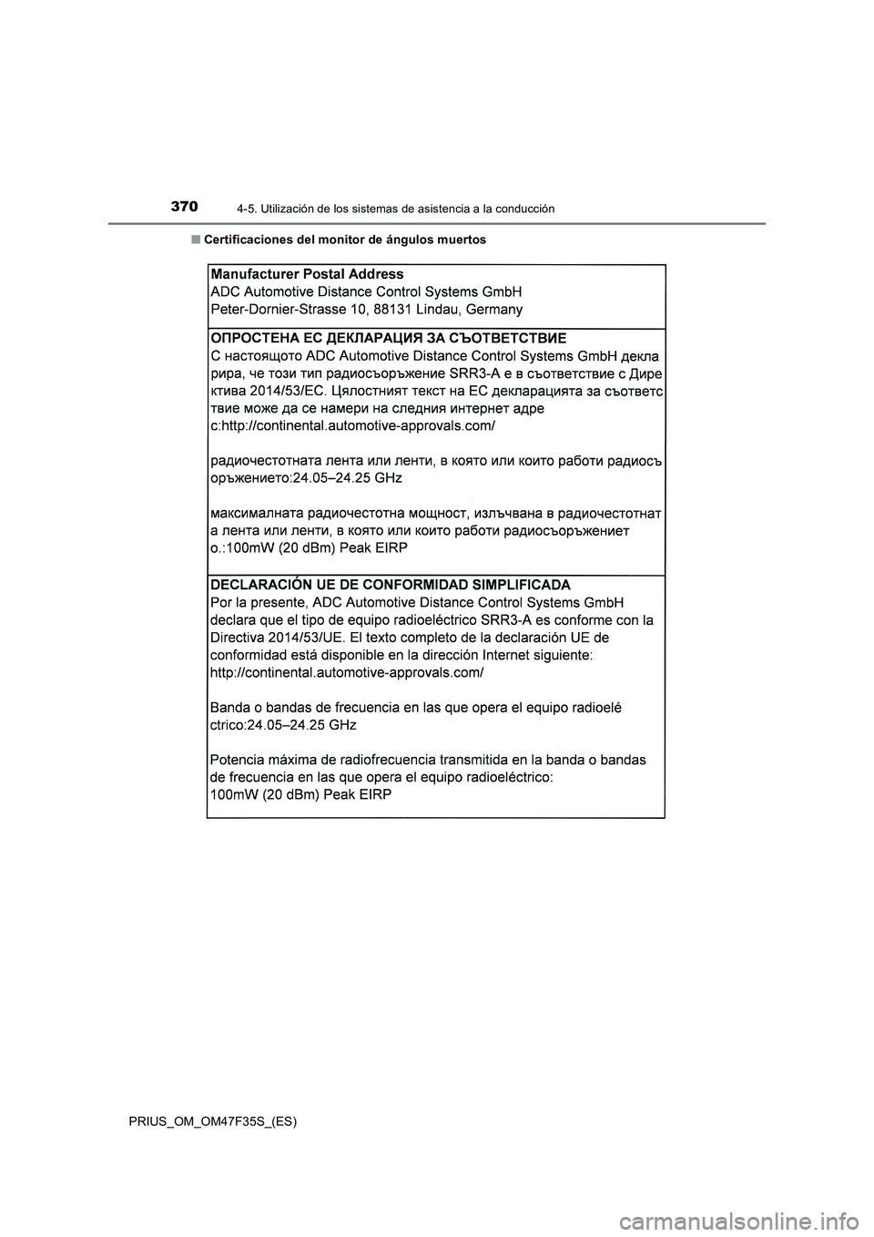 TOYOTA PRIUS 2023  Manual del propietario (in Spanish) 3704-5. Utilización de los sistemas de asistencia a la conducción
PRIUS_OM_OM47F35S_(ES)■Certificaciones del monitor de ángulos muertos 
