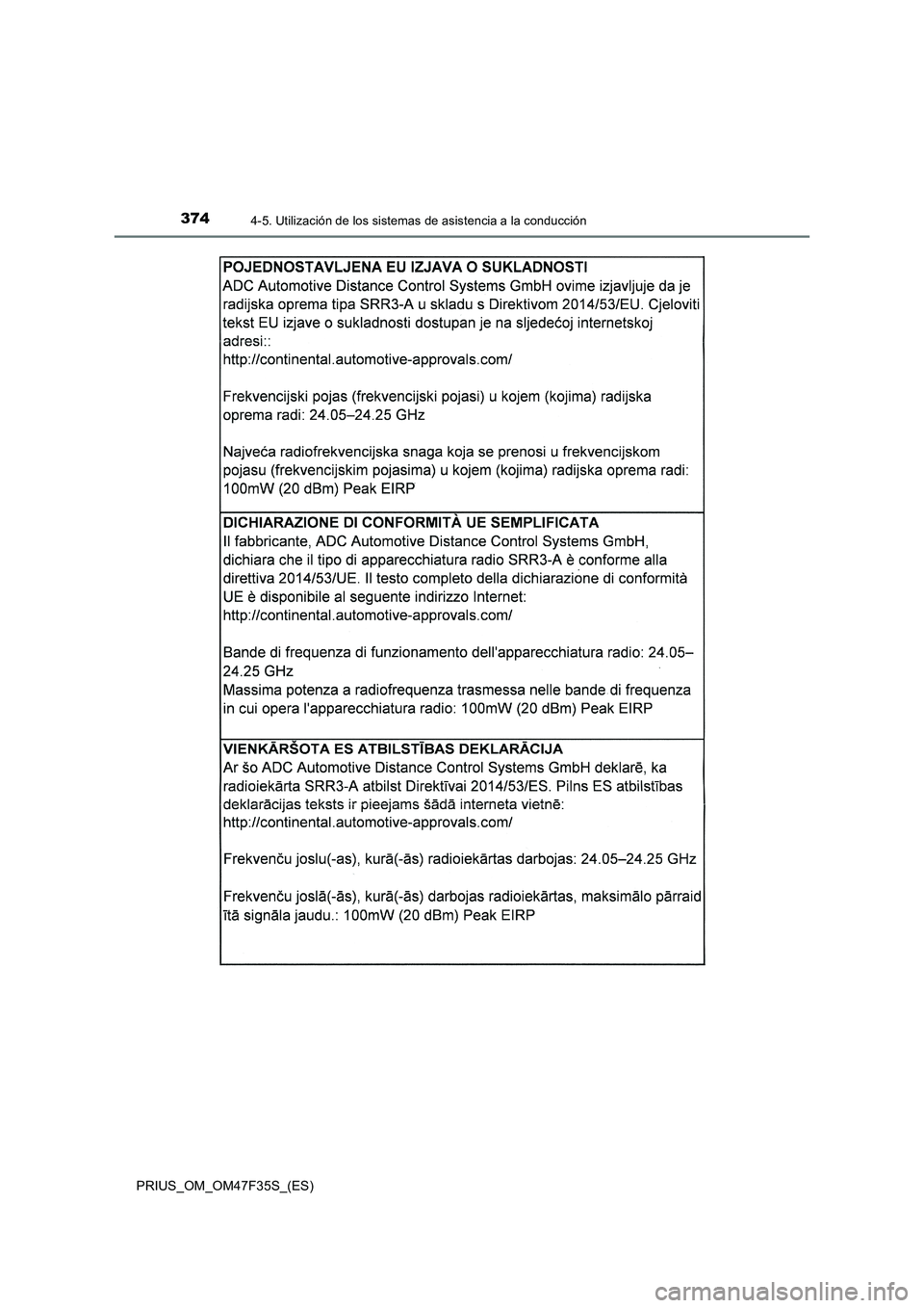 TOYOTA PRIUS 2023  Manual del propietario (in Spanish) 3744-5. Utilización de los sistemas de asistencia a la conducción
PRIUS_OM_OM47F35S_(ES) 