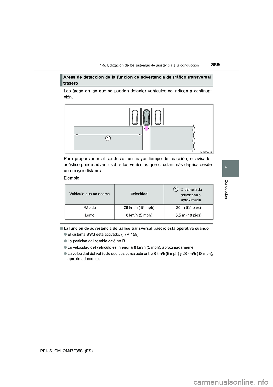 TOYOTA PRIUS 2023  Manual del propietario (in Spanish) 3894-5. Utilización de los sistemas de asistencia a la conducción
4
Conducción
PRIUS_OM_OM47F35S_(ES)
Las áreas en las que se pueden detectar vehículos se indican a continua- 
ción. 
Para propor