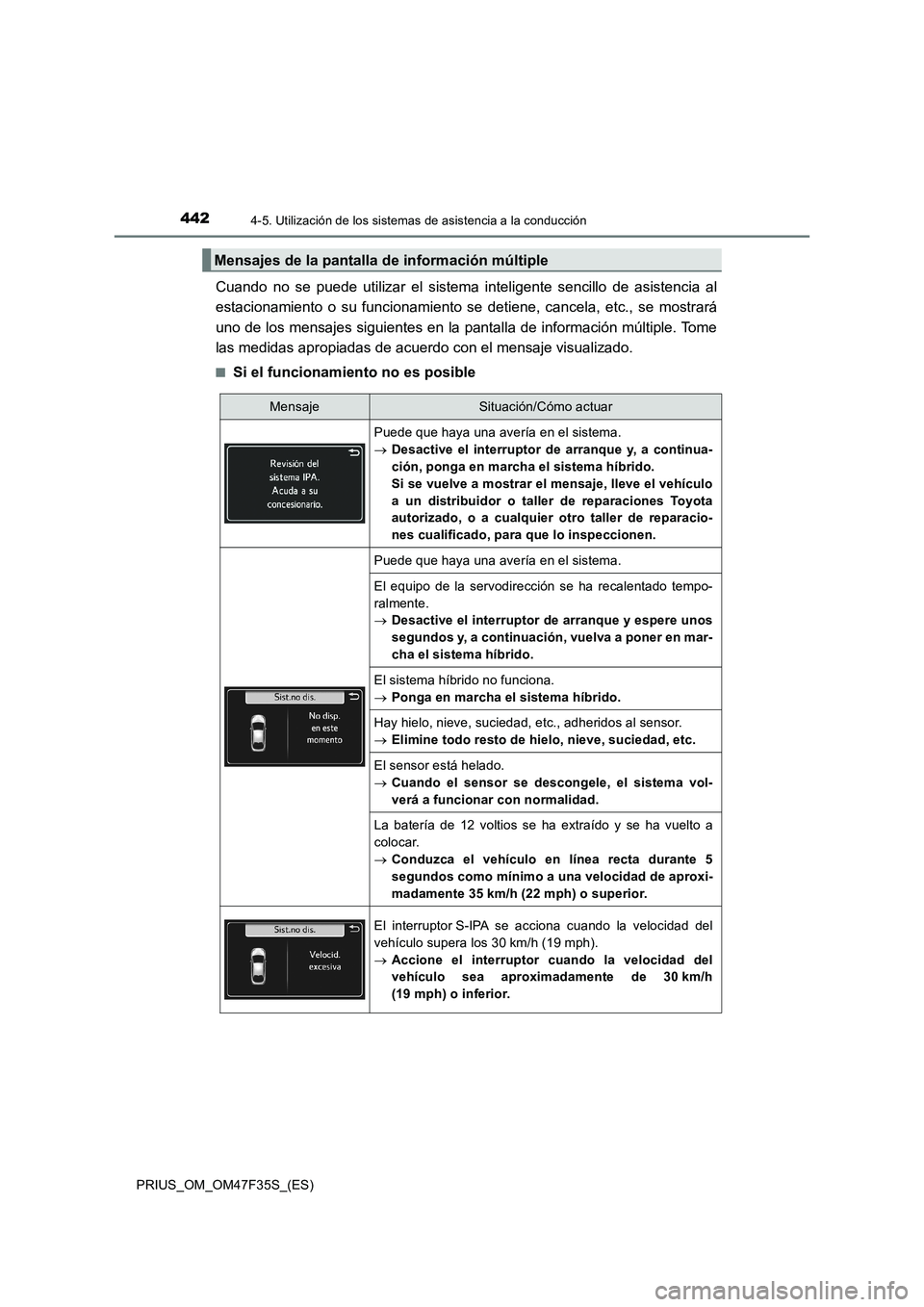 TOYOTA PRIUS 2023 Manual del propietario (in Spanish) 4424-5. Utilización de los sistemas de asistencia a la conducción
PRIUS_OM_OM47F35S_(ES)
Cuando no se puede utilizar el sistema inteligente sencillo de asistencia al
estacionamiento o su funcionamie TOYOTA PRIUS 2023 Manual del propietario (in Spanish) 4424-5. Utilización de los sistemas de asistencia a la conducción
PRIUS_OM_OM47F35S_(ES)
Cuando no se puede utilizar el sistema inteligente sencillo de asistencia al
estacionamiento o su funcionamie
