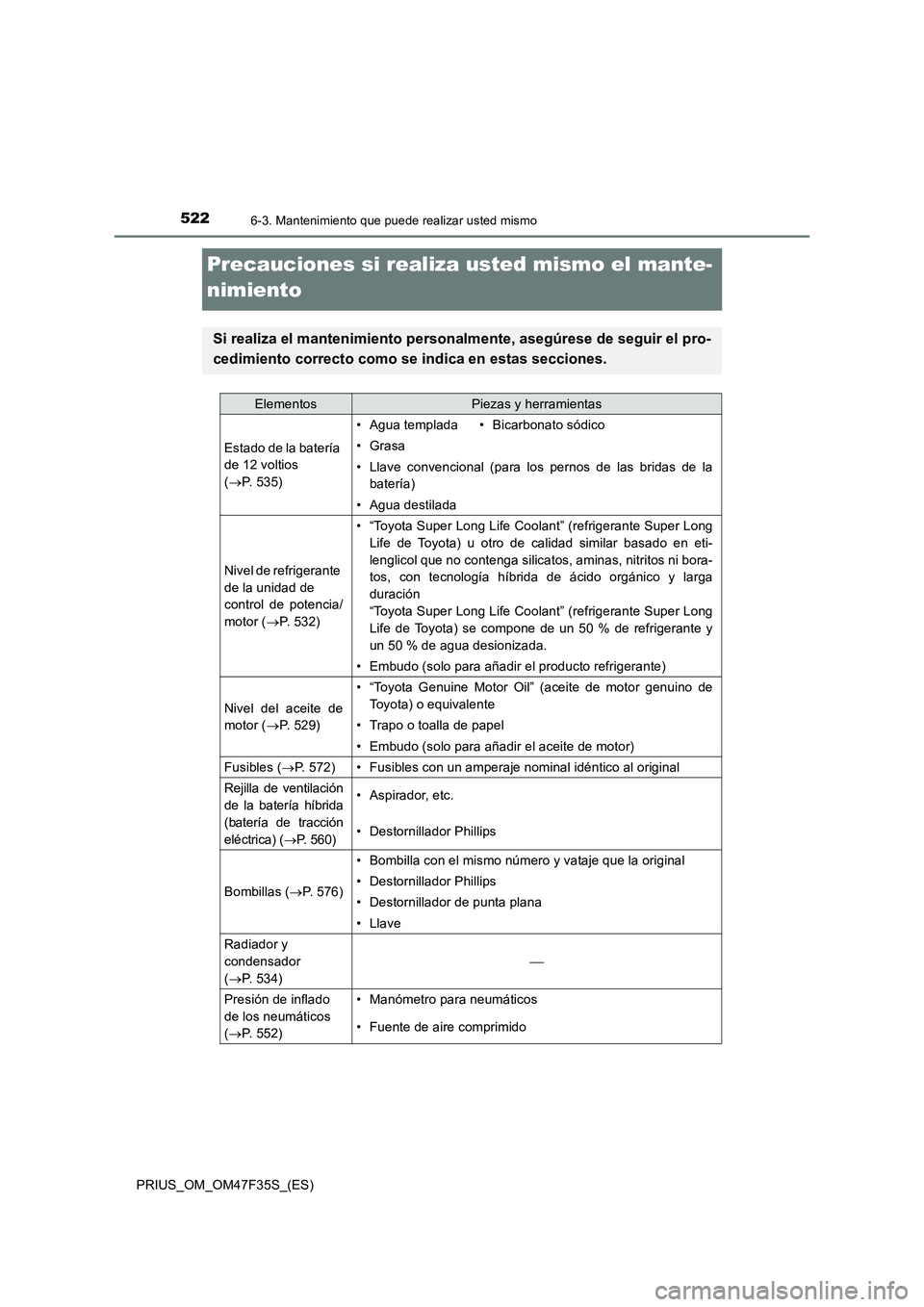TOYOTA PRIUS 2023 Manual del propietario (in Spanish) 5226-3. Mantenimiento que puede realizar usted mismo
PRIUS_OM_OM47F35S_(ES)
Precauciones si realiza usted mismo el mante-
nimiento
Si realiza el mantenimiento personalmente, asegúrese de seguir el pr TOYOTA PRIUS 2023 Manual del propietario (in Spanish) 5226-3. Mantenimiento que puede realizar usted mismo
PRIUS_OM_OM47F35S_(ES)
Precauciones si realiza usted mismo el mante-
nimiento
Si realiza el mantenimiento personalmente, asegúrese de seguir el pr
