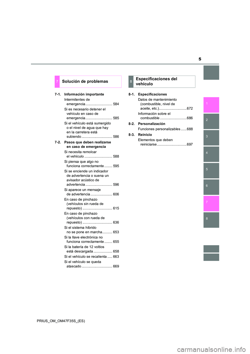 TOYOTA PRIUS 2023  Manual del propietario (in Spanish) 5
1 
8 
7
6
5
4
3
2
PRIUS_OM_OM47F35S_(ES) 
7-1. Información importante 
Intermitentes de  
emergencia ........................... 584 
Si es necesario detener el  
vehículo en caso de  
emergencia 