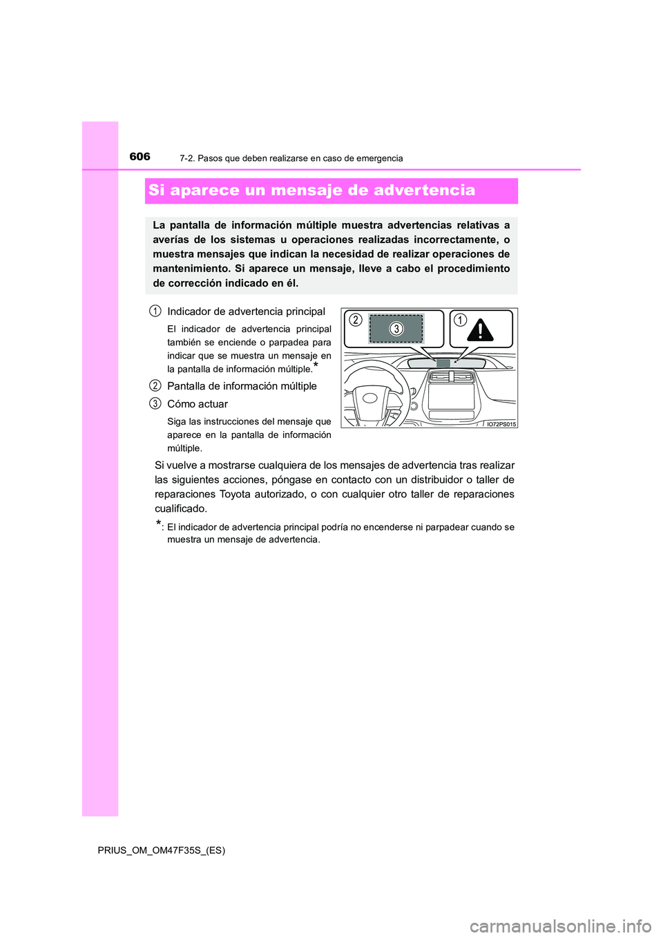 TOYOTA PRIUS 2023  Manual del propietario (in Spanish) 6067-2. Pasos que deben realizarse en caso de emergencia
PRIUS_OM_OM47F35S_(ES)
Si aparece un mensaje de advertencia
Indicador de advertencia principal
El indicador de advertencia principal 
también 