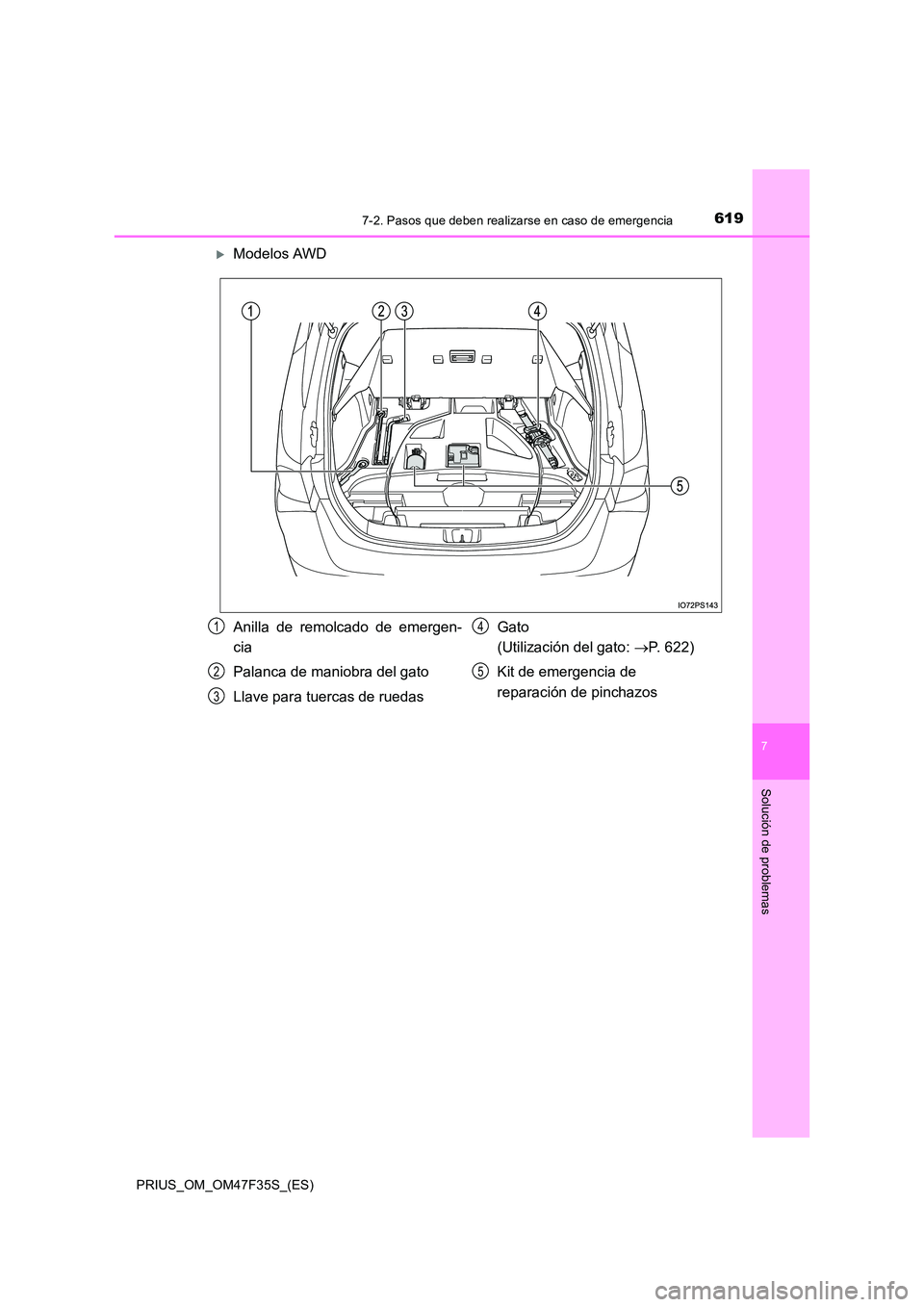 TOYOTA PRIUS 2023  Manual del propietario (in Spanish) 6197-2. Pasos que deben realizarse en caso de emergencia
PRIUS_OM_OM47F35S_(ES)
7
Solución de problemas
Modelos AWD
Anilla de remolcado de emergen- 
cia 
Palanca de maniobra del gato 
Llave para t