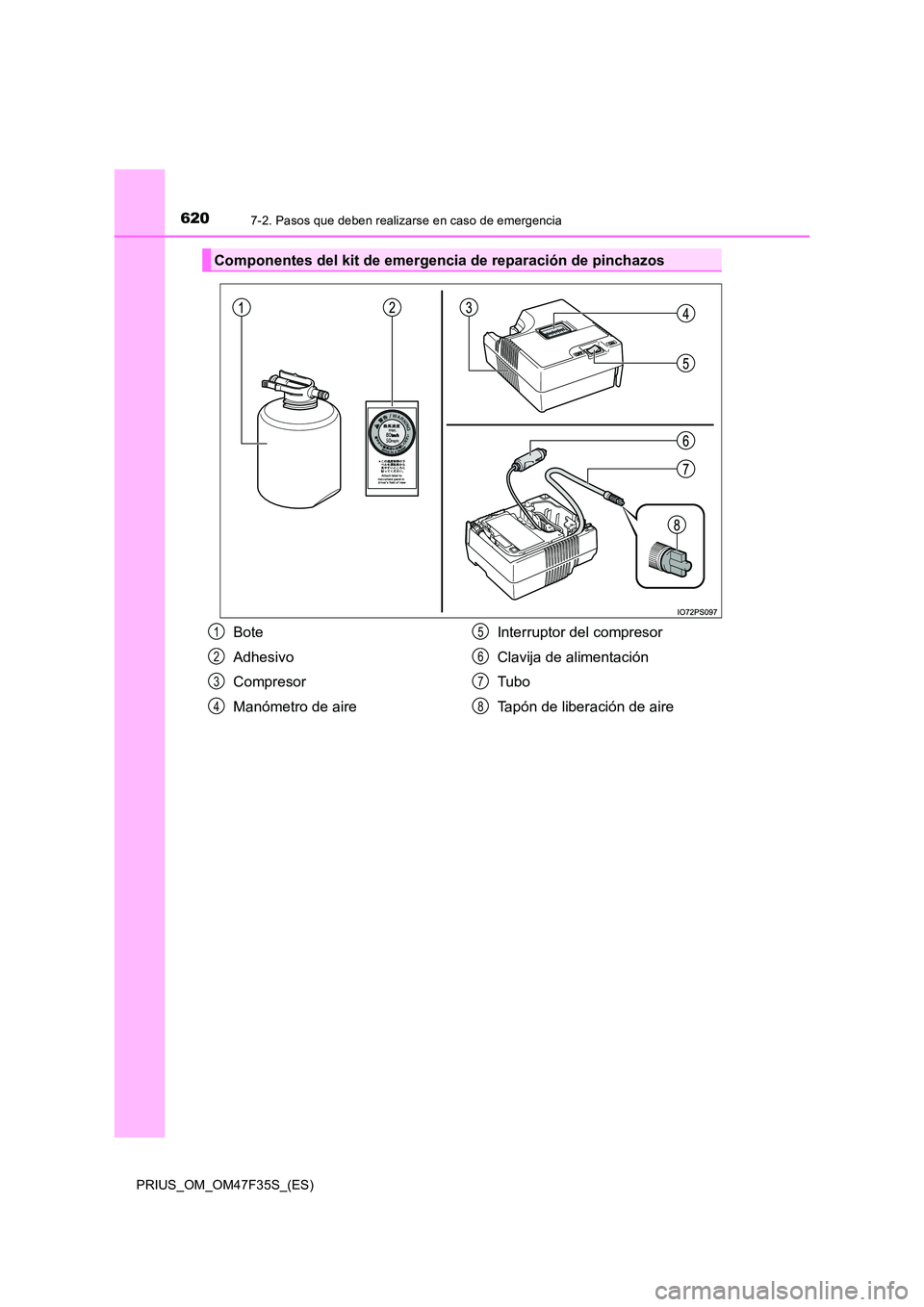 TOYOTA PRIUS 2023  Manual del propietario (in Spanish) 6207-2. Pasos que deben realizarse en caso de emergencia
PRIUS_OM_OM47F35S_(ES)
Componentes del kit de emergencia de reparación de pinchazos
Bote 
Adhesivo
Compresor 
Manómetro de aire 
Interruptor 