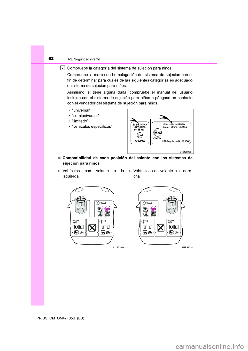TOYOTA PRIUS 2023 Manual del propietario (in Spanish) 621-2. Seguridad infantil
PRIUS_OM_OM47F35S_(ES)
Compruebe la categoría del sistema de sujeción para niños.
Compruebe la marca de homologación del sistema de sujeción con el
fin de determinar p TOYOTA PRIUS 2023 Manual del propietario (in Spanish) 621-2. Seguridad infantil
PRIUS_OM_OM47F35S_(ES)
Compruebe la categoría del sistema de sujeción para niños.
Compruebe la marca de homologación del sistema de sujeción con el
fin de determinar p