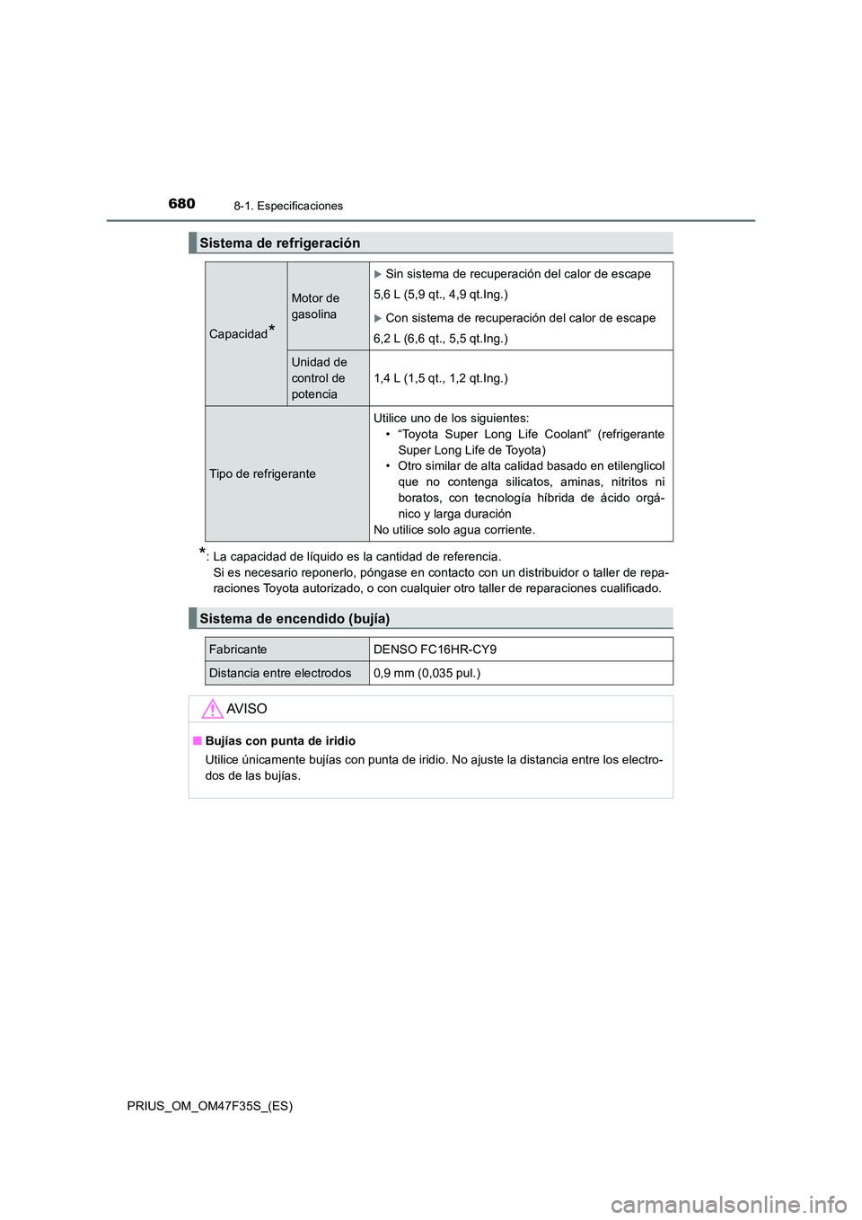 TOYOTA PRIUS 2023  Manual del propietario (in Spanish) 6808-1. Especificaciones
PRIUS_OM_OM47F35S_(ES)
*: La capacidad de líquido es la cantidad de referencia. 
Si es necesario reponerlo, póngase en contacto con un distribuidor o taller de repa- 
racion