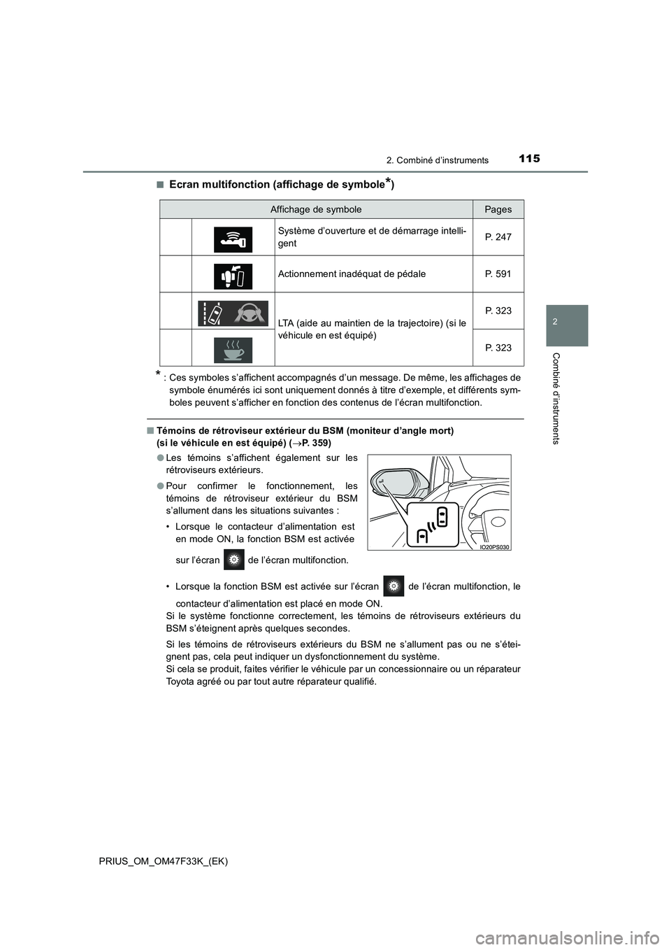 TOYOTA PRIUS 2023  Manuel du propriétaire (in French) 1152. Combiné d’instruments
2
Combiné d’instruments
PRIUS_OM_OM47F33K_(EK)■
Ecran multifonction (affichage de symbole*)
* : Ces symboles s’affichent accompagnés d’un message. De même, le