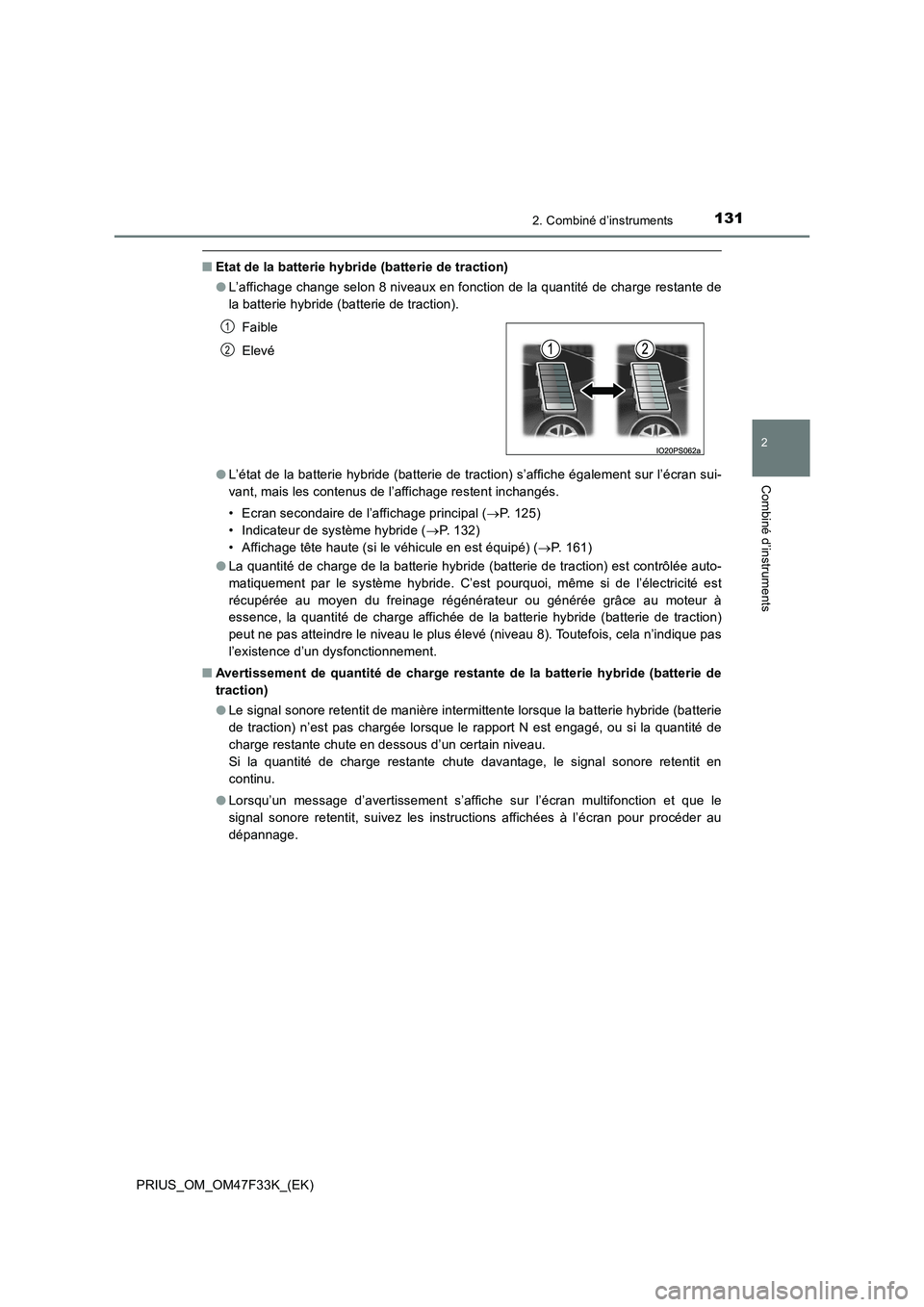 TOYOTA PRIUS 2023  Manuel du propriétaire (in French) 1312. Combiné d’instruments
2
Combiné d’instruments
PRIUS_OM_OM47F33K_(EK)
■Etat de la batterie hybride (batterie de traction)
●L’affichage change selon 8 niveaux en fonction de la quantit