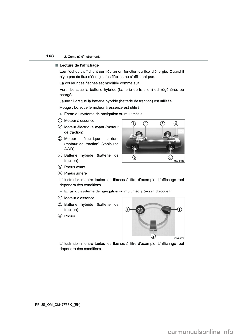 TOYOTA PRIUS 2023  Manuel du propriétaire (in French) 1682. Combiné d’instruments
PRIUS_OM_OM47F33K_(EK)■
Lecture de l’affichage
Les flèches s’affichent sur l’écran en fonction du flux d’énergie. Quand il
n’y a pas de flux d’énergie,