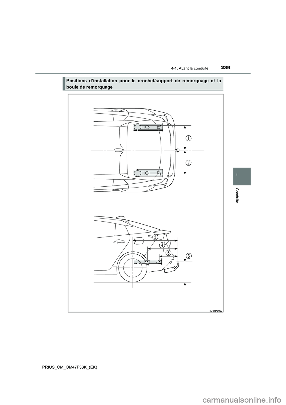 TOYOTA PRIUS 2023  Manuel du propriétaire (in French) 2394-1. Avant la conduite
4
Conduite
PRIUS_OM_OM47F33K_(EK)
Positions d’installation pour le crochet/support de remorquage et la
boule de remorquage 