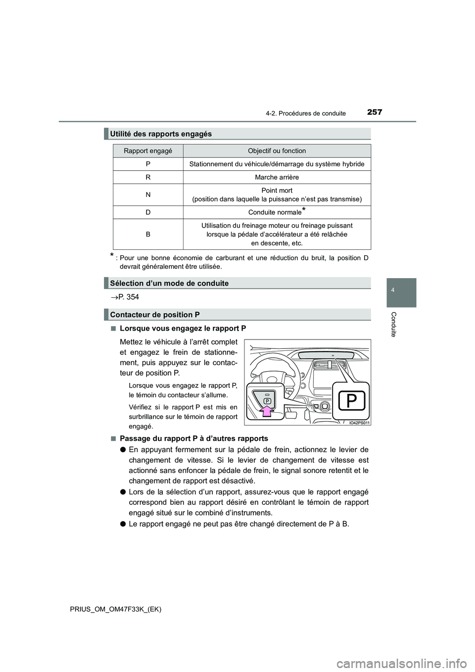 TOYOTA PRIUS 2023 Manuel du propriétaire (in French) 2574-2. Procédures de conduite
4
Conduite
PRIUS_OM_OM47F33K_(EK)
* : Pour une bonne économie de carburant et une réduction du bruit, la position D
devrait généralement être utilisée.
P. 354
TOYOTA PRIUS 2023 Manuel du propriétaire (in French) 2574-2. Procédures de conduite
4
Conduite
PRIUS_OM_OM47F33K_(EK)
* : Pour une bonne économie de carburant et une réduction du bruit, la position D
devrait généralement être utilisée.
P. 354