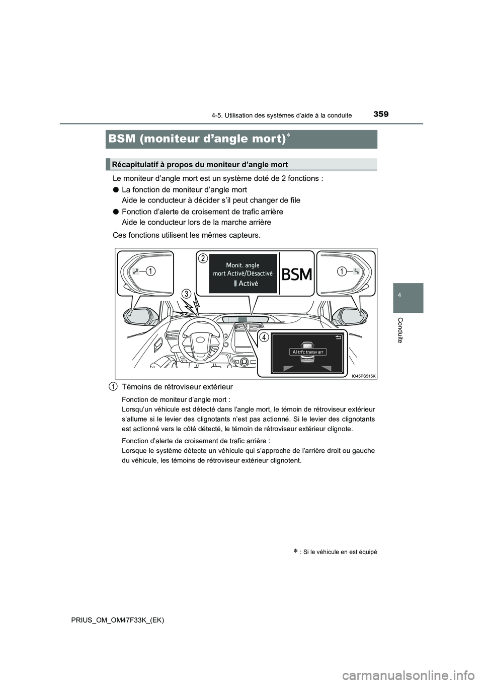 TOYOTA PRIUS 2023  Manuel du propriétaire (in French) 359
4
4-5. Utilisation des systèmes d’aide à la conduite
Conduite
PRIUS_OM_OM47F33K_(EK)
BSM (moniteur d’angle mor t)
Le moniteur d’angle mort est un système doté de 2 fonctions :
●La f