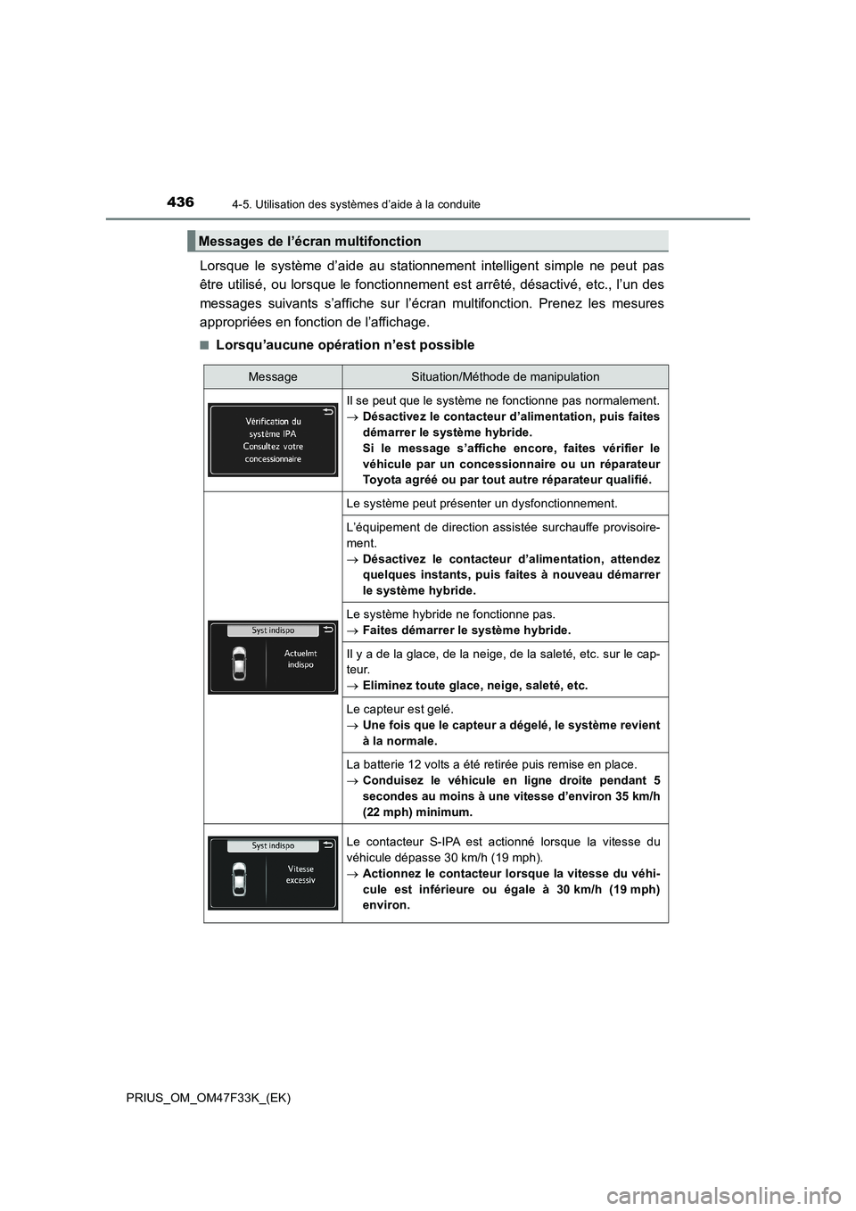 TOYOTA PRIUS 2023  Manuel du propriétaire (in French) 4364-5. Utilisation des systèmes d’aide à la conduite
PRIUS_OM_OM47F33K_(EK)
Lorsque le système d’aide au stationnement intelligent simple ne peut pas
être utilisé, ou lorsque le fonctionneme