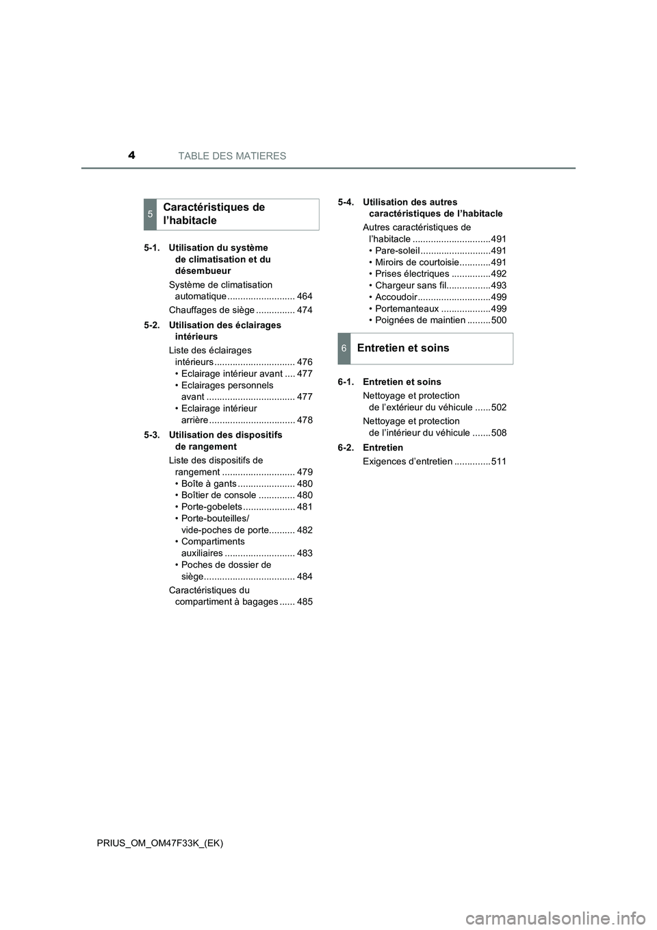 TOYOTA PRIUS 2023  Manuel du propriétaire (in French) TABLE DES MATIERES4
PRIUS_OM_OM47F33K_(EK)5-1. Utilisation du système 
de climatisation et du 
désembueur
Système de climatisation 
automatique .......................... 464
Chauffages de siège .