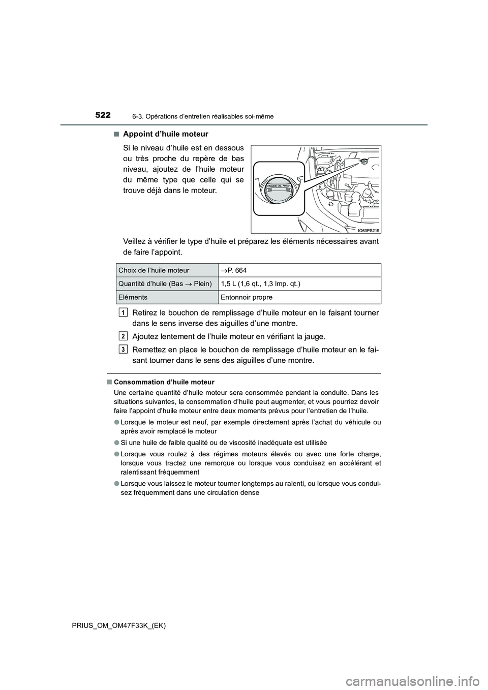 TOYOTA PRIUS 2023 Manuel du propriétaire (in French) 5226-3. Opérations d’entretien réalisables soi-même
PRIUS_OM_OM47F33K_(EK)■
Appoint d’huile moteur
Si le niveau d’huile est en dessous
ou très proche du repère de bas
niveau, ajoutez de l TOYOTA PRIUS 2023 Manuel du propriétaire (in French) 5226-3. Opérations d’entretien réalisables soi-même
PRIUS_OM_OM47F33K_(EK)■
Appoint d’huile moteur
Si le niveau d’huile est en dessous
ou très proche du repère de bas
niveau, ajoutez de l