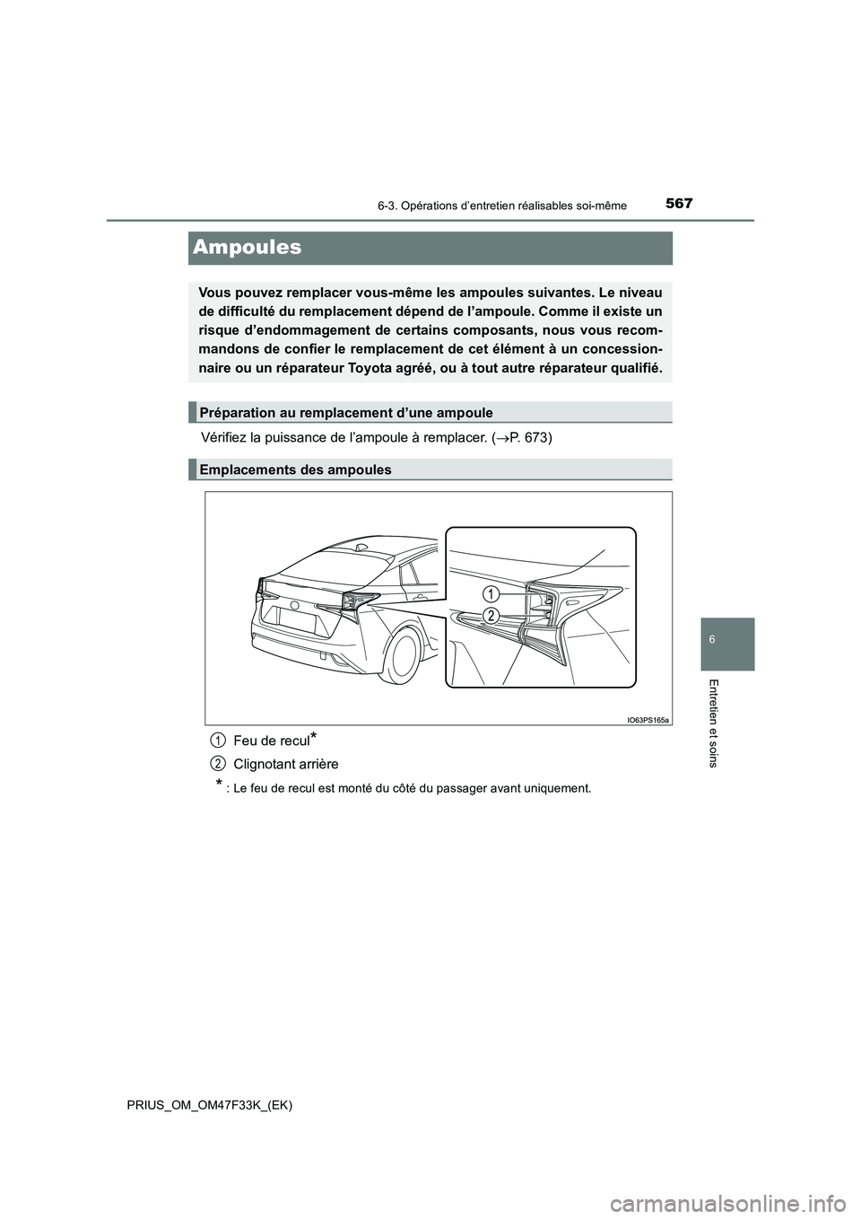 TOYOTA PRIUS 2023  Manuel du propriétaire (in French) 5676-3. Opérations d’entretien réalisables soi-même
PRIUS_OM_OM47F33K_(EK)
6
Entretien et soins
Ampoules
Vérifiez la puissance de l’ampoule à remplacer. (P. 673) 
Feu de recul*
Clignotant 