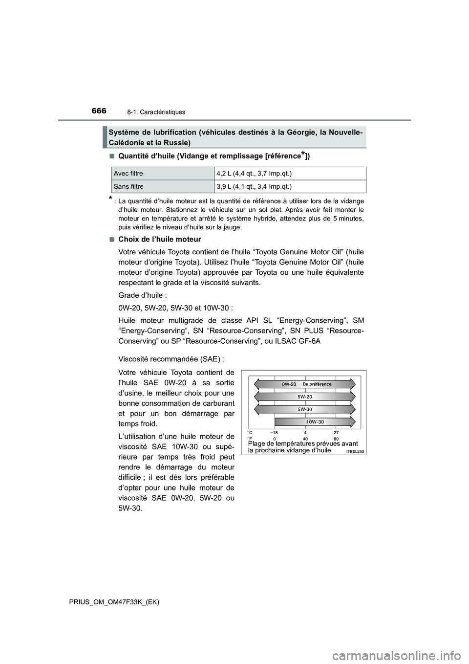 TOYOTA PRIUS 2023  Manuel du propriétaire (in French) 6668-1. Caractéristiques
PRIUS_OM_OM47F33K_(EK)■
Quantité d’huile (Vidange et remplissage [référence*])
*: La quantité d’huile moteur est la quantité de référence à utiliser lors de la 
