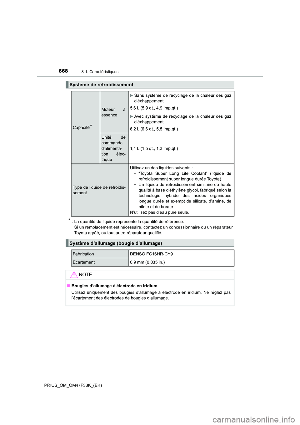 TOYOTA PRIUS 2023  Manuel du propriétaire (in French) 6688-1. Caractéristiques
PRIUS_OM_OM47F33K_(EK)
*: La quantité de liquide représente la quantité de référence. 
Si un remplacement est nécessaire, contactez un concessionnaire ou un réparateur