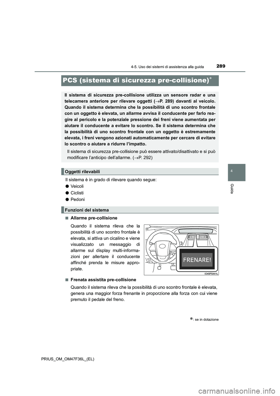 TOYOTA PRIUS 2023 Manuale duso (in Italian) 289
4
4-5. Uso dei sistemi di assistenza alla guida
Guida
PRIUS_OM_OM47F36L_(EL)
PCS (sistema di sicurezza pre-collisione)
Il sistema è in grado di rilevare quando segue:
●Veic oli
●Ciclisti TOYOTA PRIUS 2023 Manuale duso (in Italian) 289
4
4-5. Uso dei sistemi di assistenza alla guida
Guida
PRIUS_OM_OM47F36L_(EL)
PCS (sistema di sicurezza pre-collisione)
Il sistema è in grado di rilevare quando segue:
●Veic oli
●Ciclisti