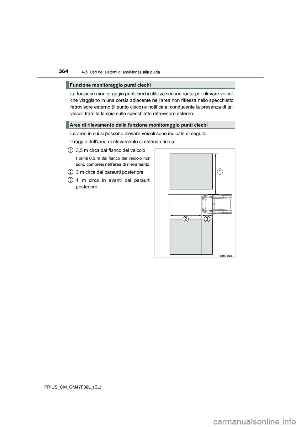 TOYOTA PRIUS 2023  Manuale duso (in Italian) 3644-5. Uso dei sistemi di assistenza alla guida
PRIUS_OM_OM47F36L_(EL)
La funzione monitoraggio punti ciechi utilizza sensori radar per rilevare veicoli
che viaggiano in una corsia adiacente nell’a